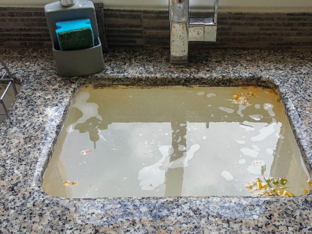 Clogged sink with dirty water and food debris.