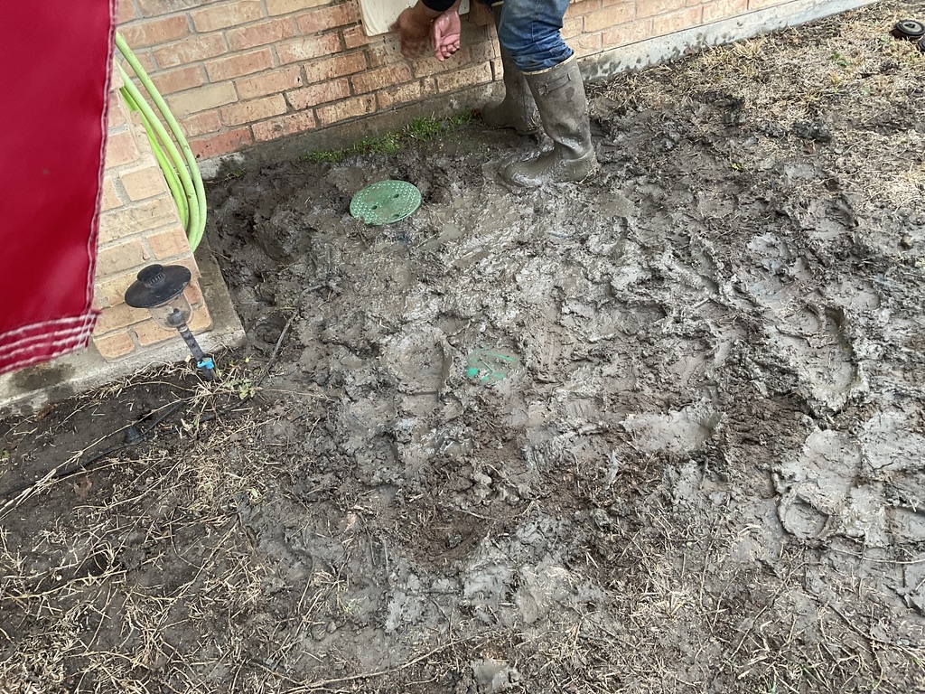 Person in muddy backyard near brick wall.